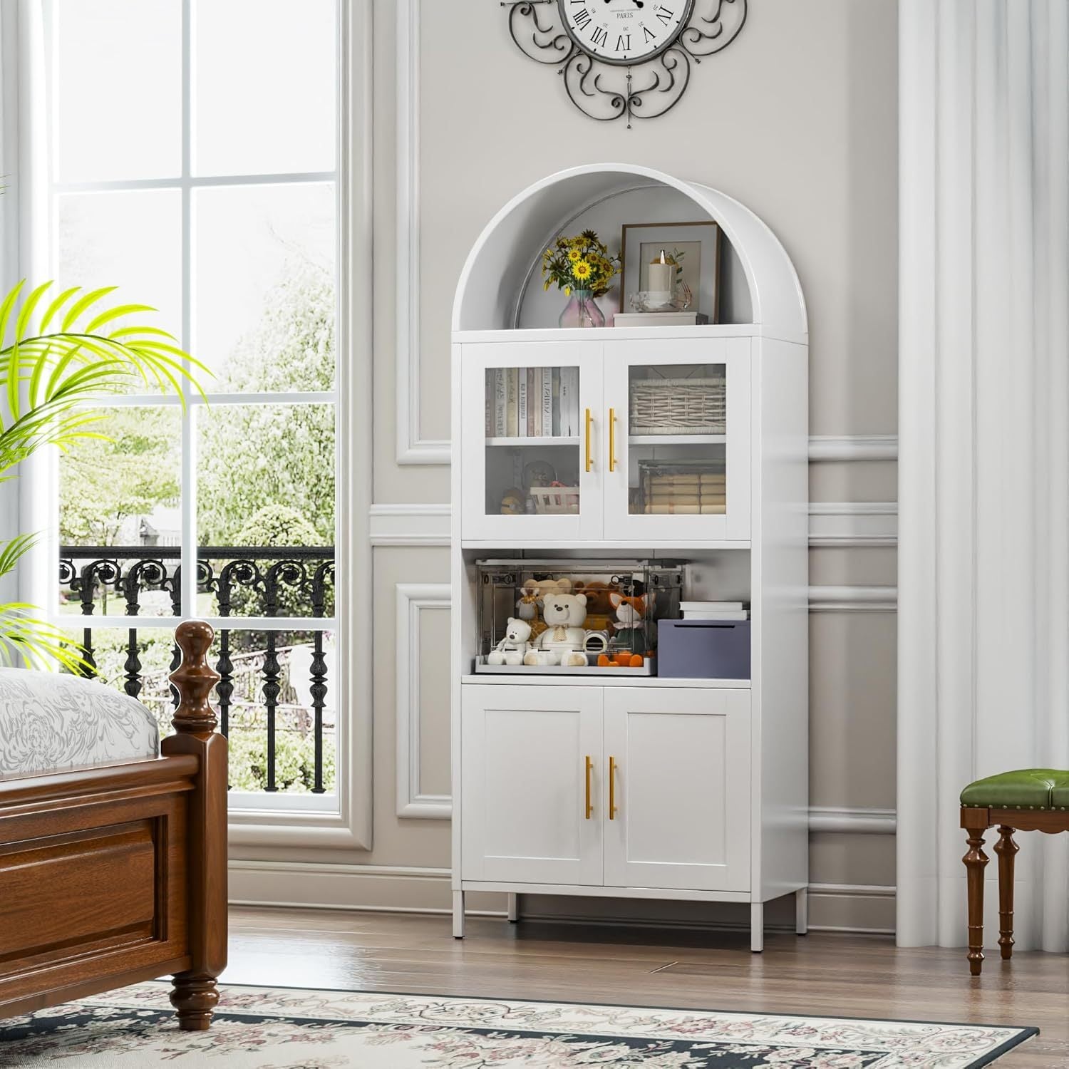 73 In Tall Metal Arched Cabinet, Kitchen Pantry Cabinet With Glass Door, Modern Farmhouse Arched Bookcase With 2 Adjustable Shelves For Living Room, White, Assembly Required.