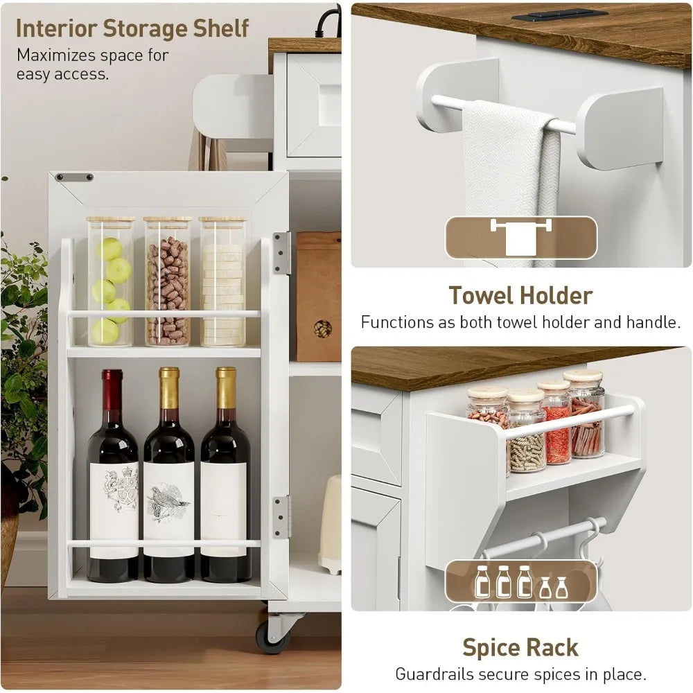 Kitchen Island with Power Outlets & Drop Leaf, Kitchen Cart with Storage, Drawer and Spice Rack, Tower Rack, Island Table, White