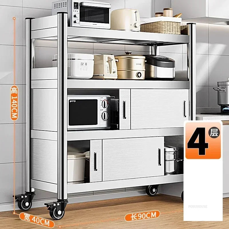 Stainless Steel Kitchen Cabinets with Door Floor Multi-layer Sliding Door Cabinet Storage Racks Multi-functional Home Furniture