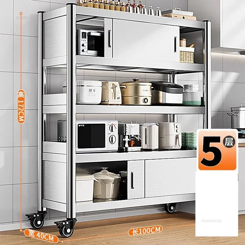 Stainless Steel Kitchen Cabinets with Door Floor Multi-layer Sliding Door Cabinet Storage Racks Multi-functional Home Furniture