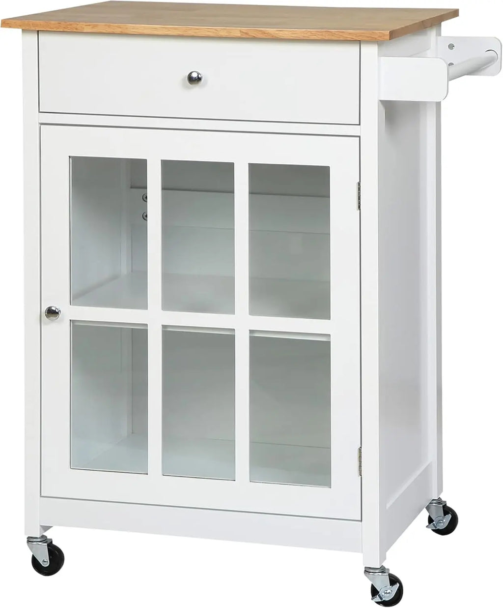 27" Rolling Kitchen Island Cart with Drawer and Glass Door Cabinet, Kitchen Trolley with Adjustable Shelf and Towel Rack, White