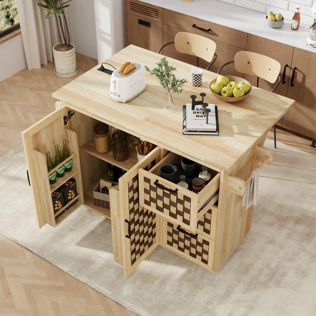3D Woven Checkerboard Pattern Design Kitchen Island with Drop Leaf, Rolling Kitchen Island on Wheels with Internal Storage Rack
