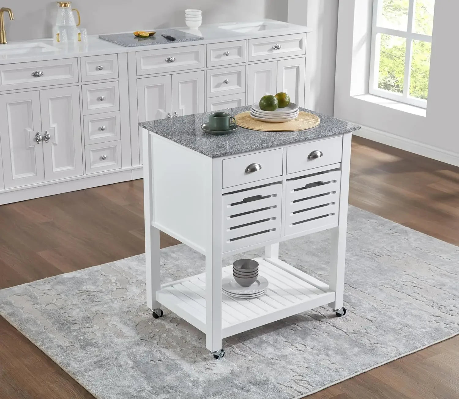 Mobile Rolling Kitchen Island Trolley – Under-Drawer & Slide-Out Wire Basket, Dining Serving Cart