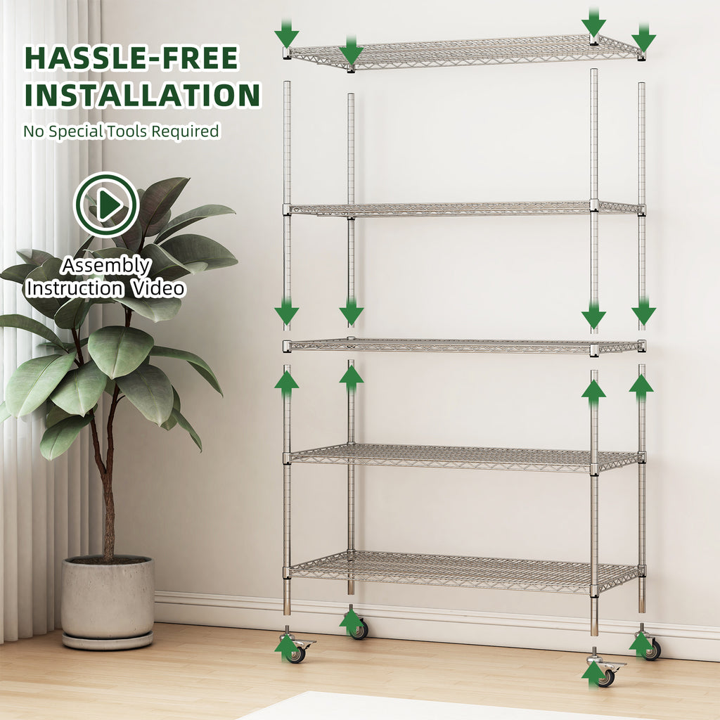 47''W X 24''D X 72''H 5 Tier Heavy Duty Adjustable Kitchen Shelving Unit, Wire Storage Shelves With Wheels, Pantry Organizer Rack Rolling Metal Shelf For Garage Closet Laundry