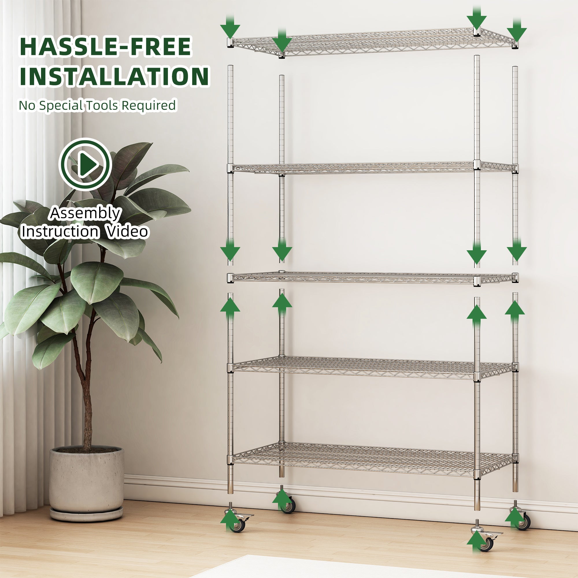 47''W X 24''D X 72''H 5 Tier Heavy Duty Adjustable Kitchen Shelving Unit, Wire Storage Shelves With Wheels, Pantry Organizer Rack Rolling Metal Shelf For Garage Closet Laundry