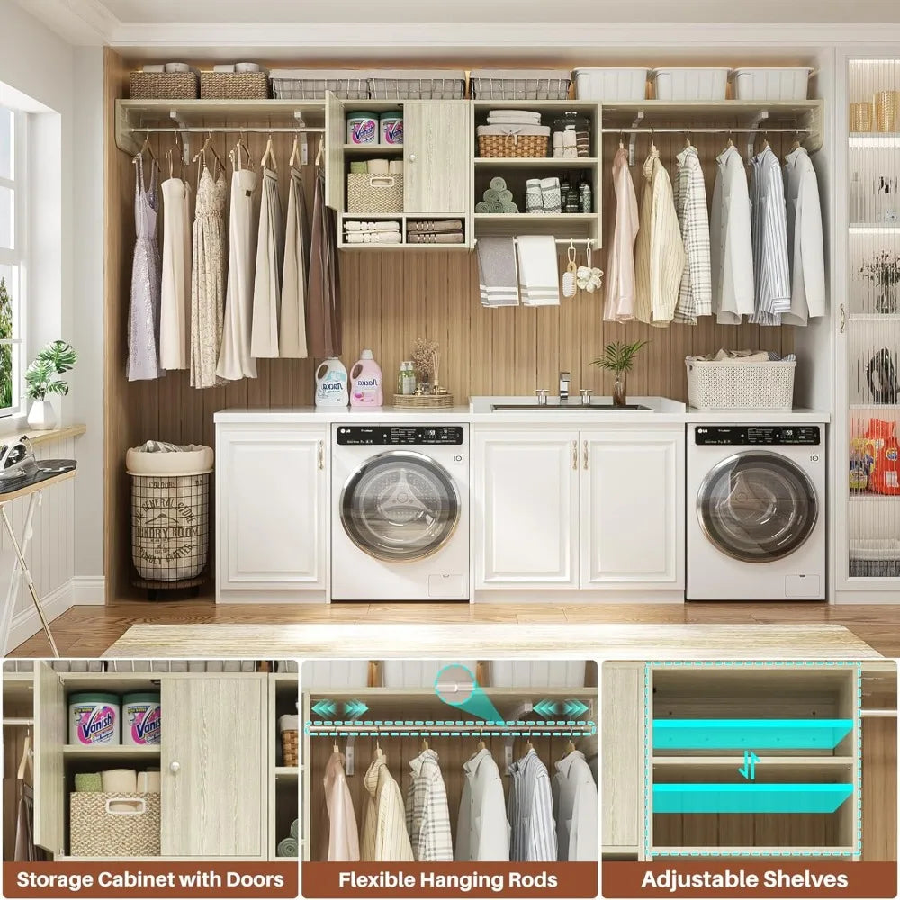 Multi-Purpose Closet System with 3 Hanging Rods, 5-10Ft Closet Organizer with Cabinet and Open Storage, Wood Closet Orga