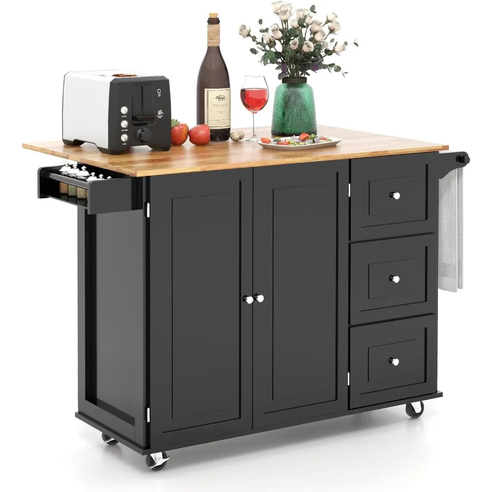 Rolling Kitchen Island with Drop Leaf, 3-Drawer Cart on Wheels, Rubberwood Top, Towel and Spice Rack