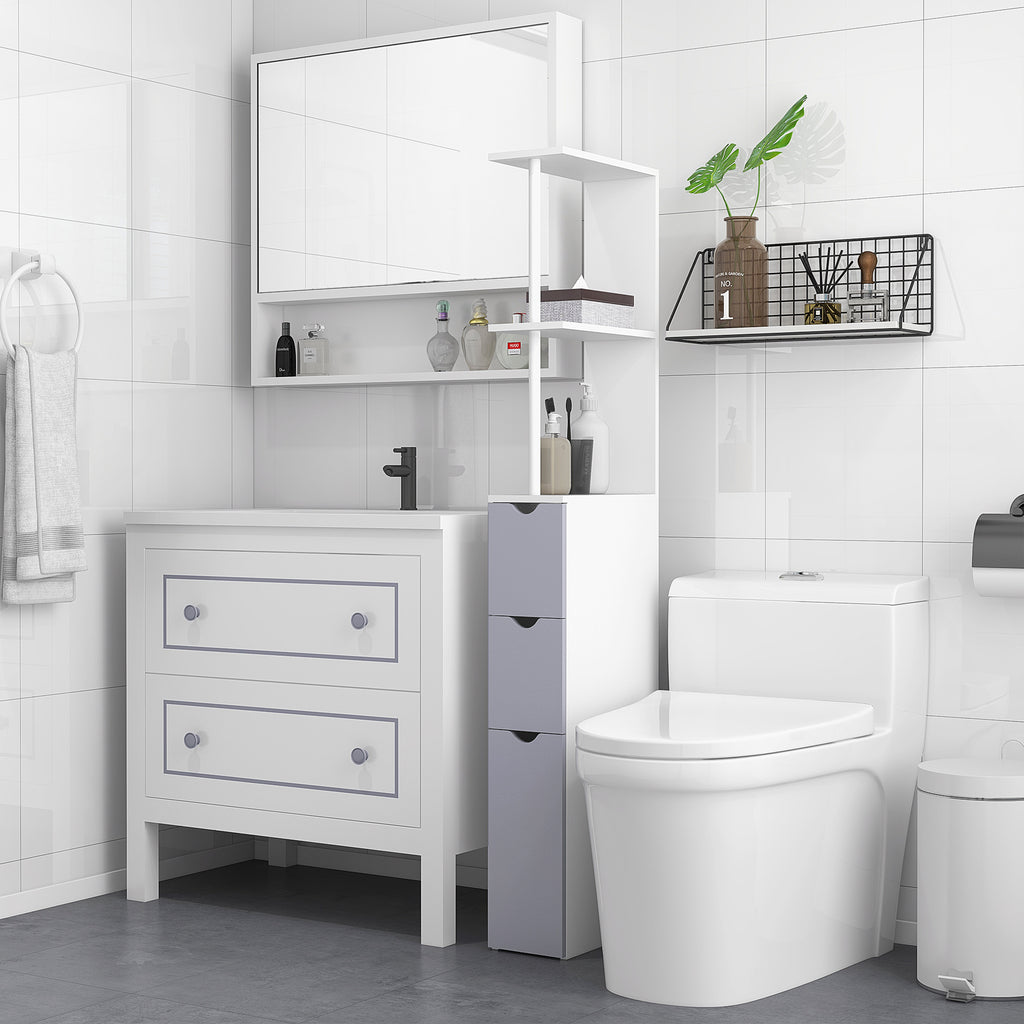 55  Tall Bathroom Cabinets, Narrow Storage Cabinet Freestanding Linen Tower With 2 Tier Shelf And Drawers, White