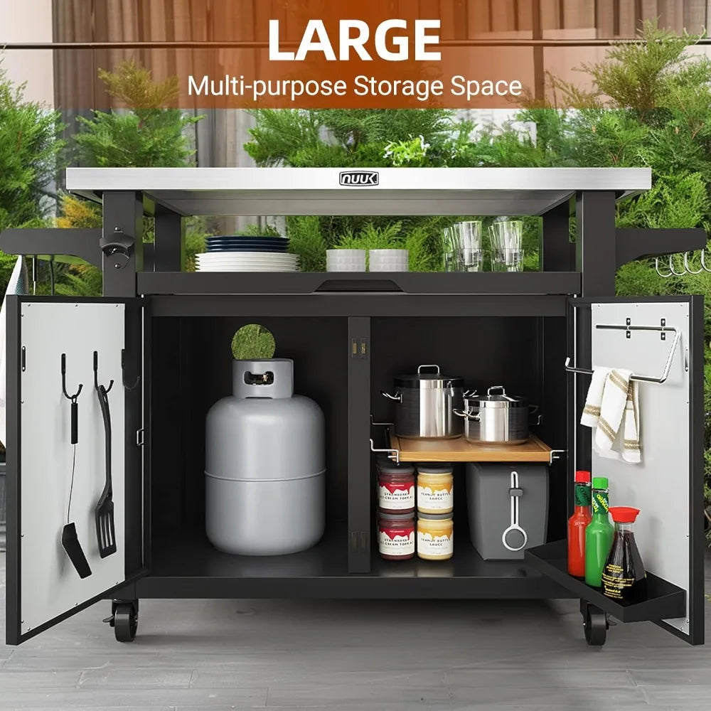 Portable Outdoor Metal Kitchen Island with Storage and Stainless Steel Prep Table on Wheels