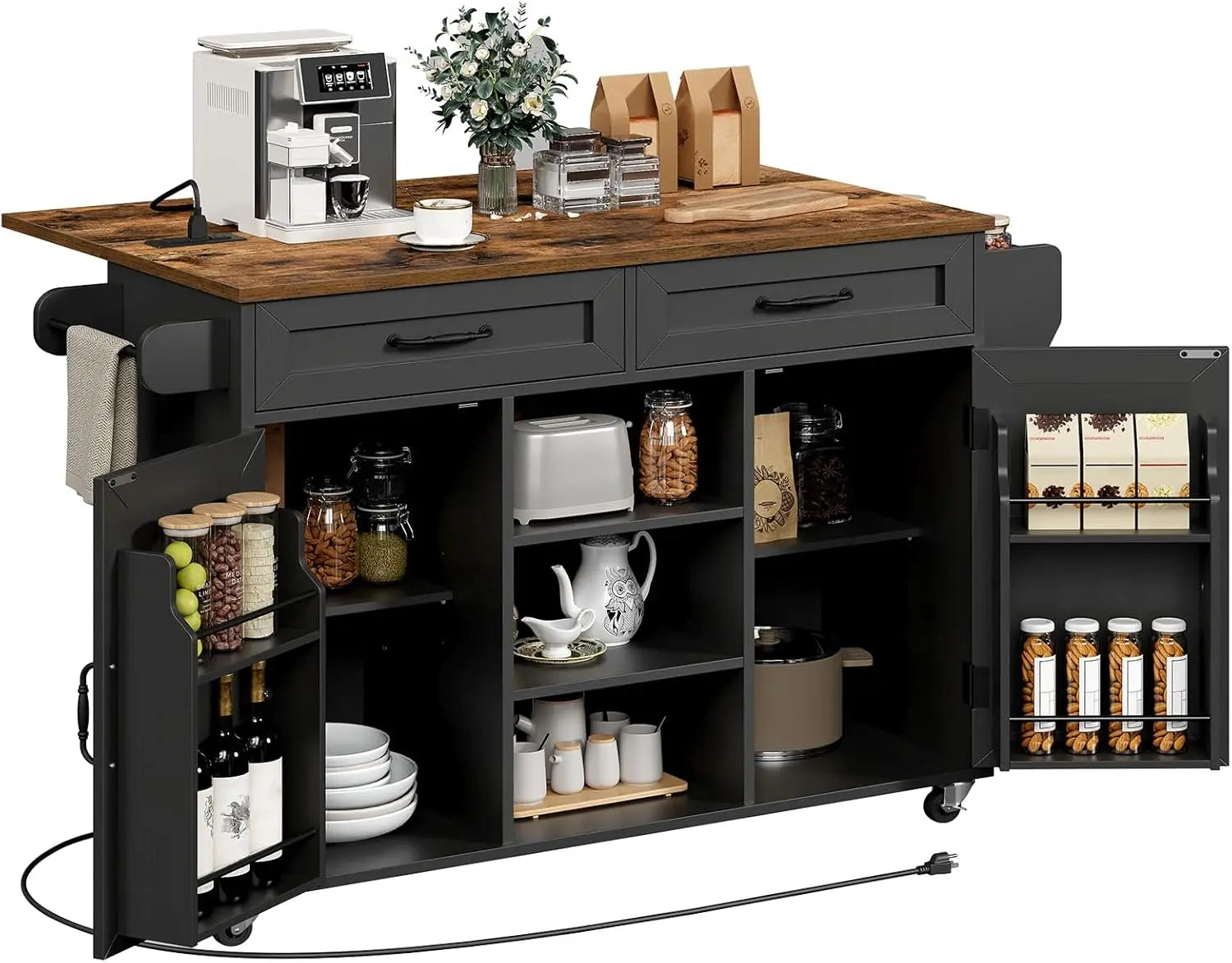 Kitchen Island with Power Outlets & Drop Leaf, Kitchen Cart with Storage, Drawer and Spice Rack, Tower Rack, Island Table, White