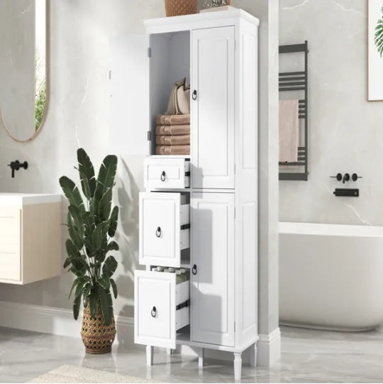 Retro Multi-Functional Storage Cabinet With Adjustable Shelves, 3 Drawers, And 3 Enclosed Compartments   Stylish And Versatile Organizer For Living Room, Kitchen, Or Office, White.
