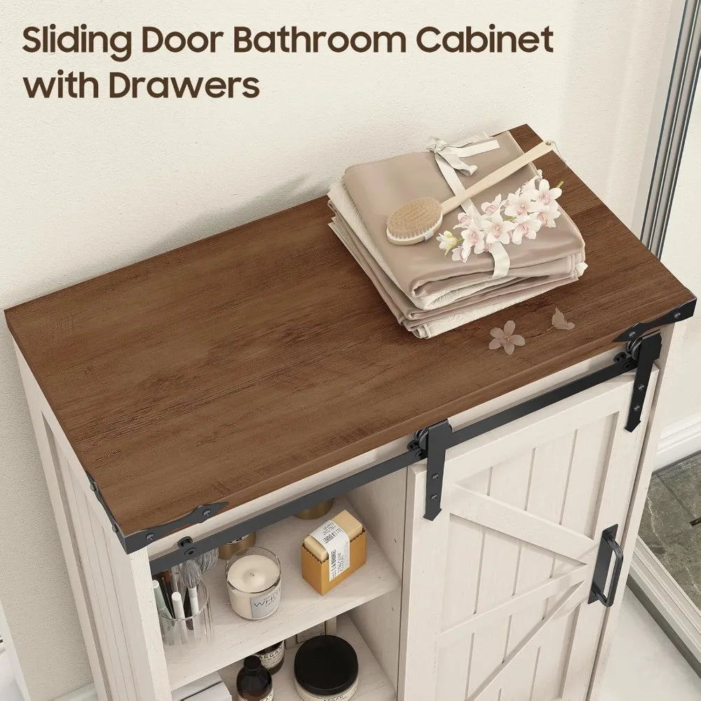 Farmhouse Bathroom Storage Cabinet, Bathroom Cabinet with 4 Drawers and Sliding Door, Farmhouse Floor Storage Organizer