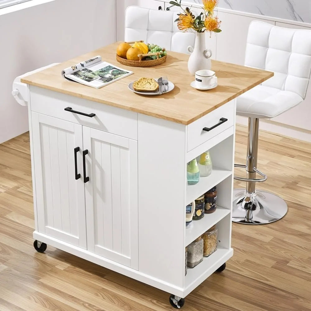 Portable Rolling Kitchen Island Cart Rubberwood Drop Leaf Breakfast Bar with Storage Open Shelves And Detachable