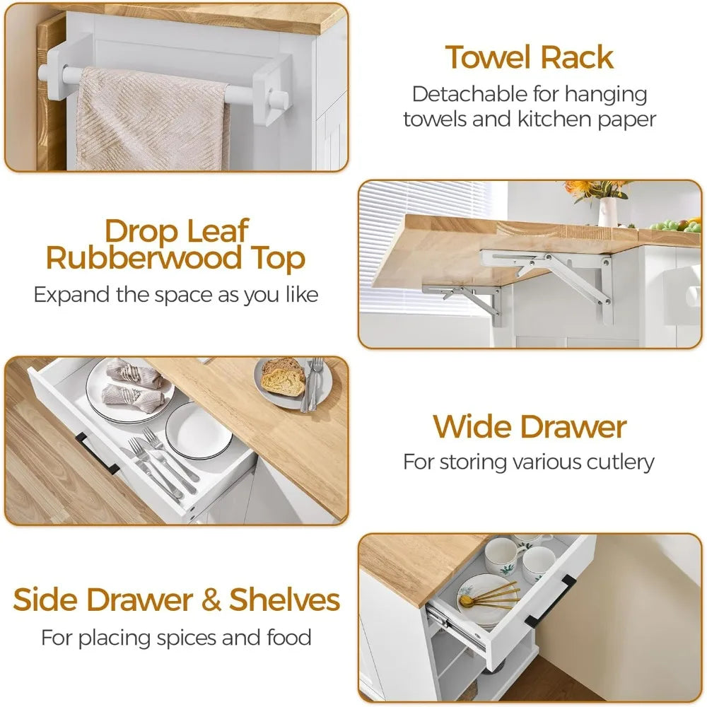 Portable Rolling Kitchen Island Cart Rubberwood Drop Leaf Breakfast Bar with Storage Open Shelves And Detachable