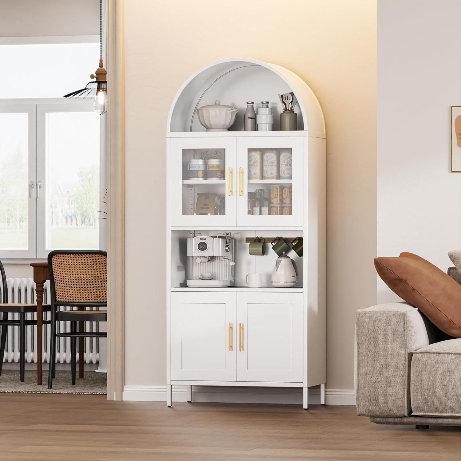 73 In Tall Metal Arched Cabinet, Kitchen Pantry Cabinet With Glass Door, Modern Farmhouse Arched Bookcase With 2 Adjustable Shelves For Living Room, White, Assembly Required.