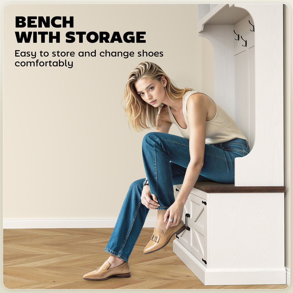 3-in-1 Hall Tree With Shoe Storage, Coat Rack With Bench, Entryway Furniture With Five Hooks, White Wood Grain