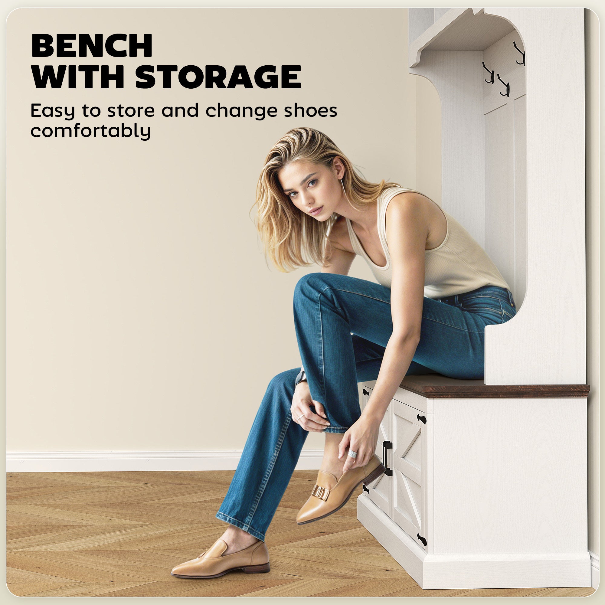 3-in-1 Hall Tree With Shoe Storage, Coat Rack With Bench, Entryway Furniture With Five Hooks, White Wood Grain