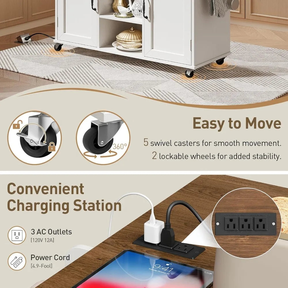 Kitchen Island with Power Outlets & Drop Leaf, Kitchen Cart with Storage, Drawer and Spice Rack, Tower Rack, Island Table, White