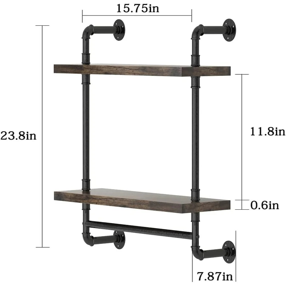 Industrial Floating Bathroom Shelves Wall Mounted Rustic Wood 2 Tier Towel Bar Metal Storage Organizer Kitchen Garage Farmhouse