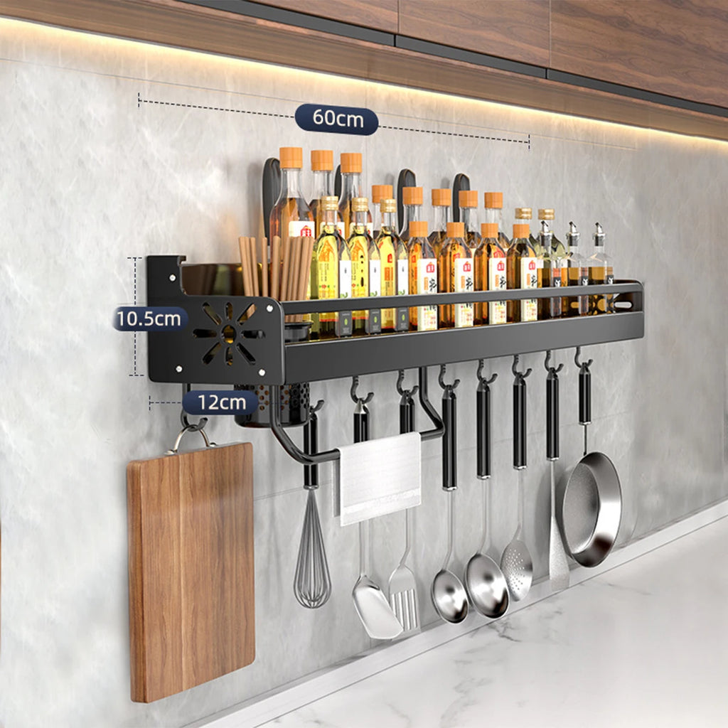 Metal Kitchen Shelf No-Punch Large Capacity Storage Kitchen Utensils Skeletonized Drainage Design Easy to Clean Black