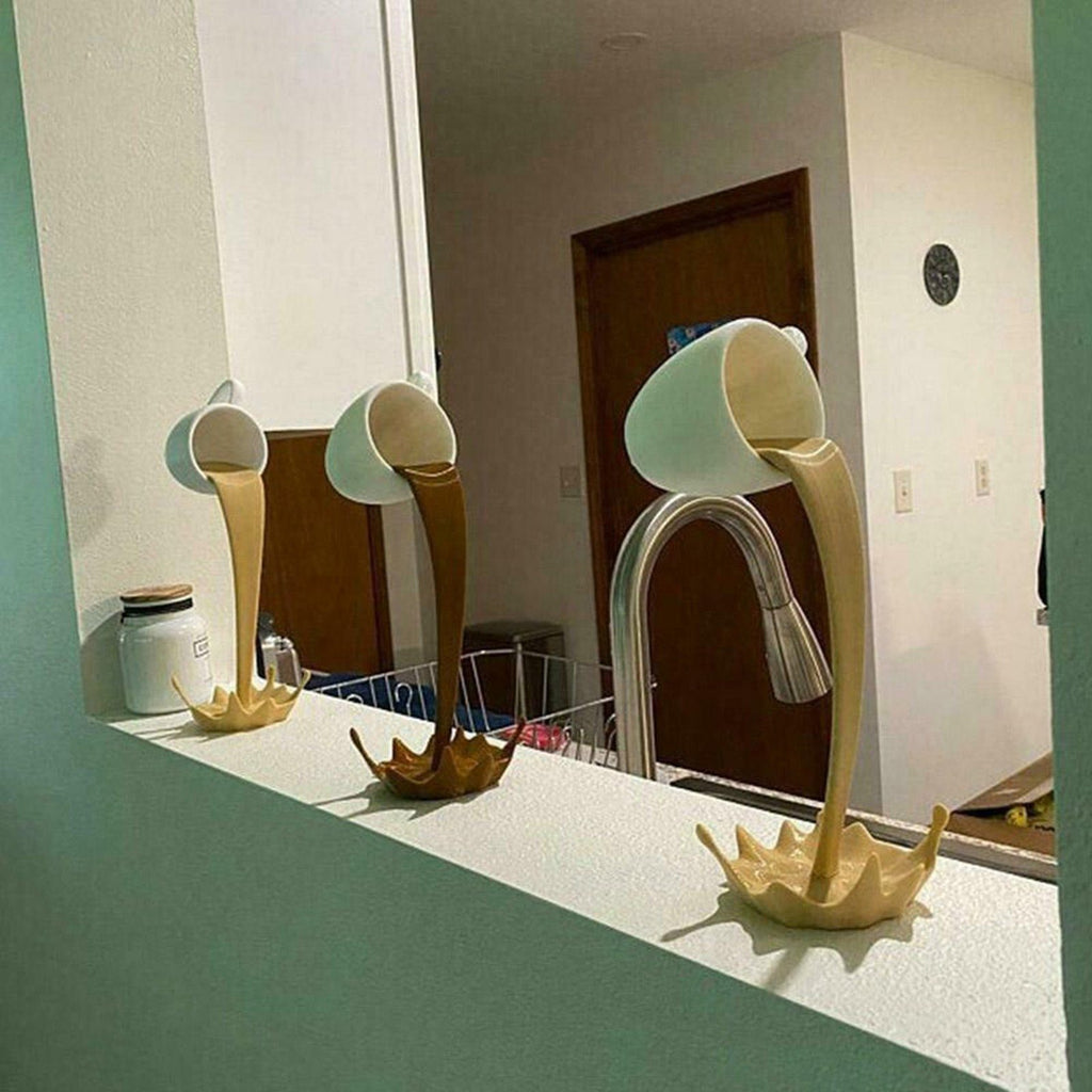 Floating Coffee Cup Mug Sculpture Kitchen Decor Pouring Spilling Decoration.