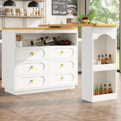 360 Rotating Bar Table Main Body 137 X 39 X 90 Cm, Coffee Bar Furniture, Rotating Dining Bar With Storage, Kitchen Island, With Spice Rack, Six Drawers, Open Storage Space, White