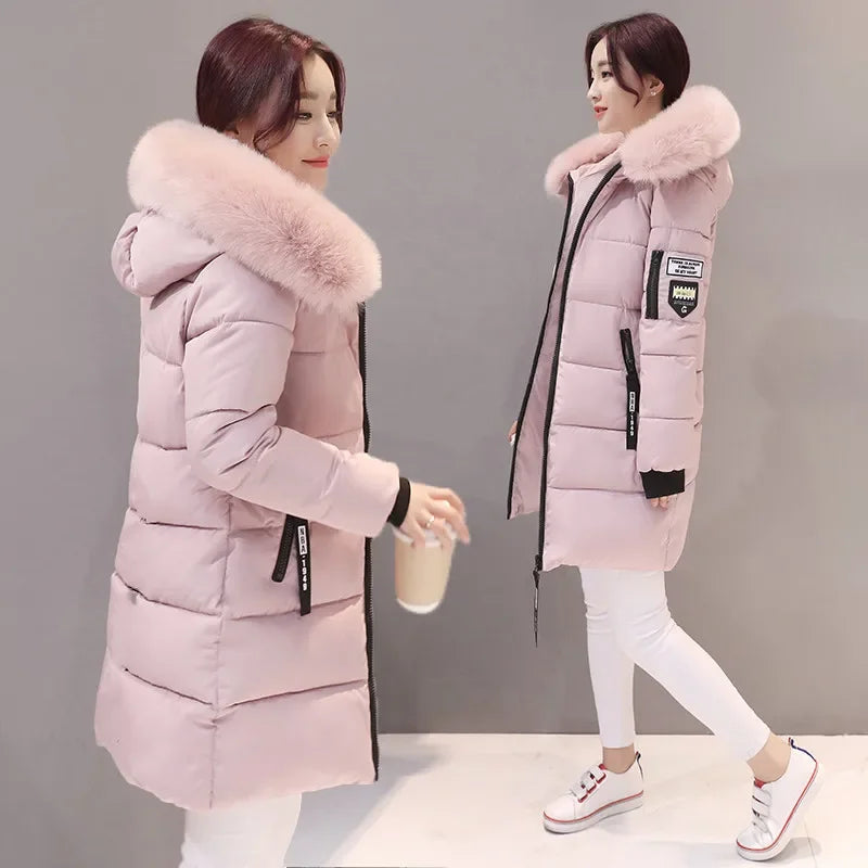 2025 Winter Women Parka Coats Long Cotton Casual Fur Hooded Jackets Thick Warm Slim-fit Jacket Female Overcoat Clothing