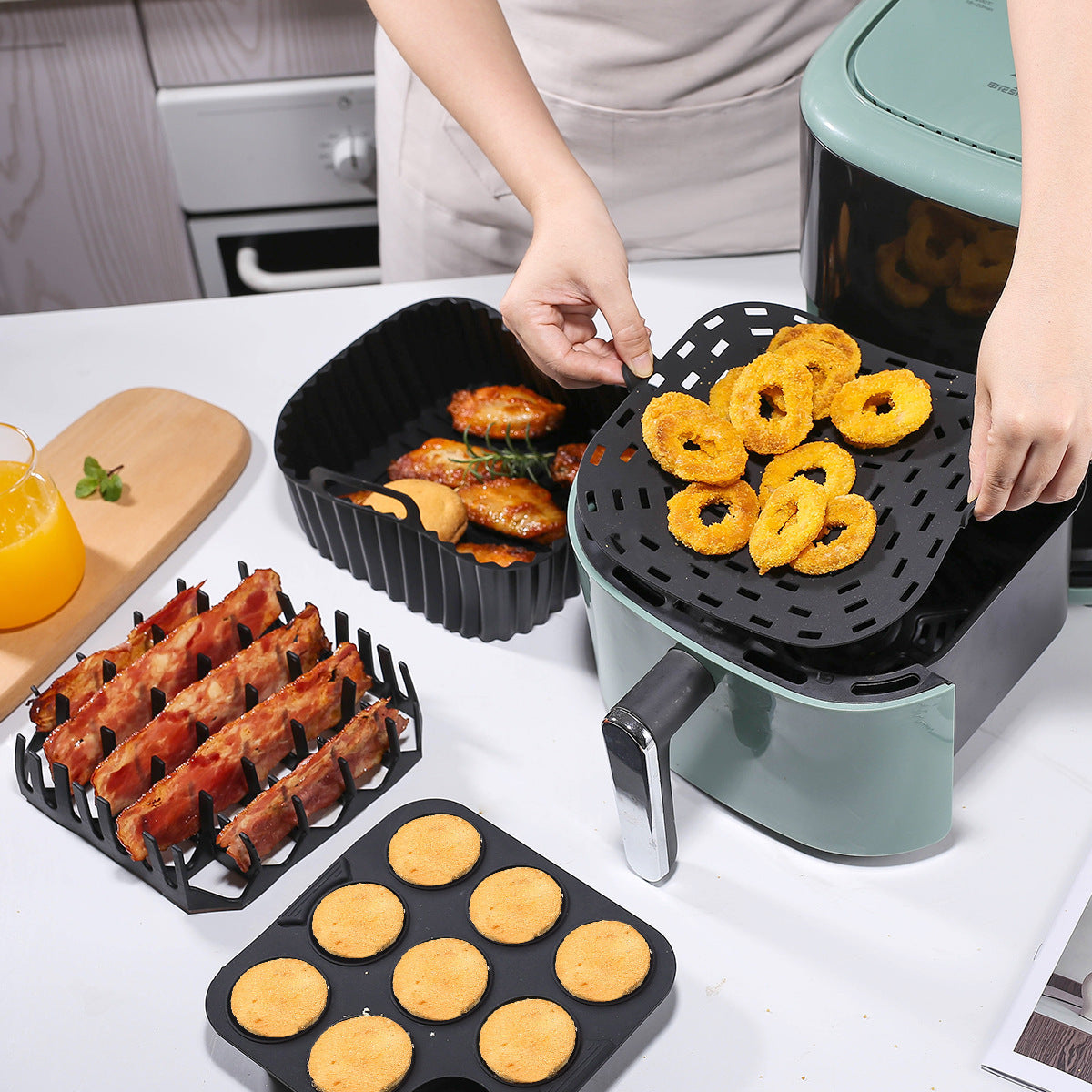 Household Kitchen Air Fryer Square Silicone Baking Tray Set
