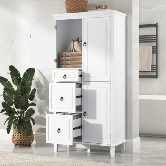 Retro Multi-Functional Storage Cabinet With Adjustable Shelves, 3 Drawers, And 3 Enclosed Compartments   Stylish And Versatile Organizer For Living Room, Kitchen, Or Office, White.