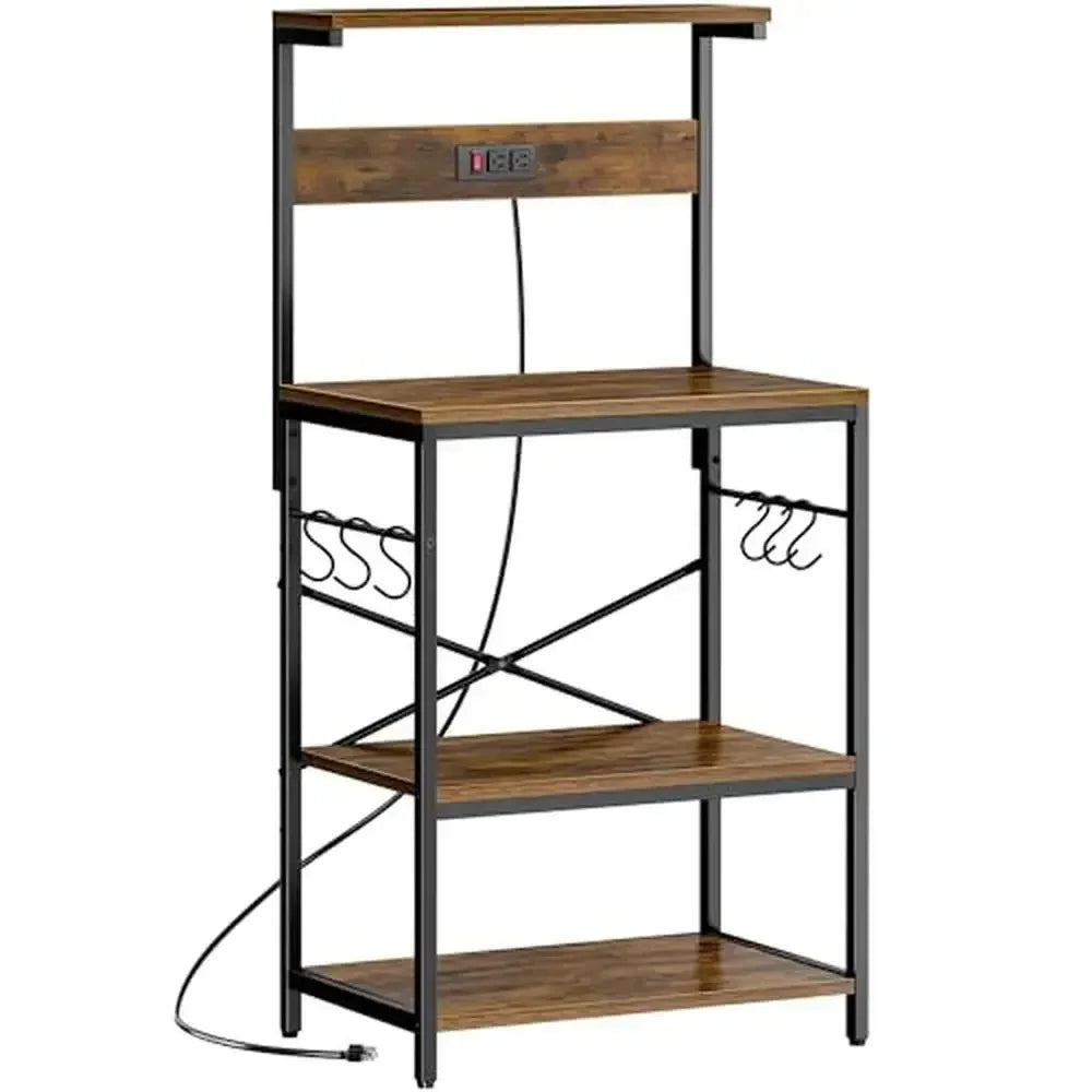 4-Tier Kitchen Bakers Rack with Power Outlets and S-Shaped Hooks Storage Stand