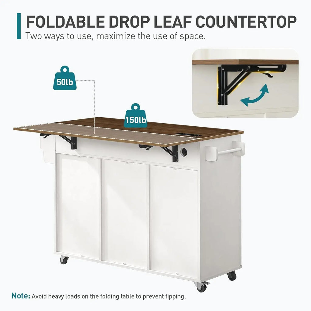 Kitchen Island with Storage, Kitchen Cart with Charging Station, Rolling Kitchen Island Table with Drop-Leaf, 3 Drawers, Barn Do