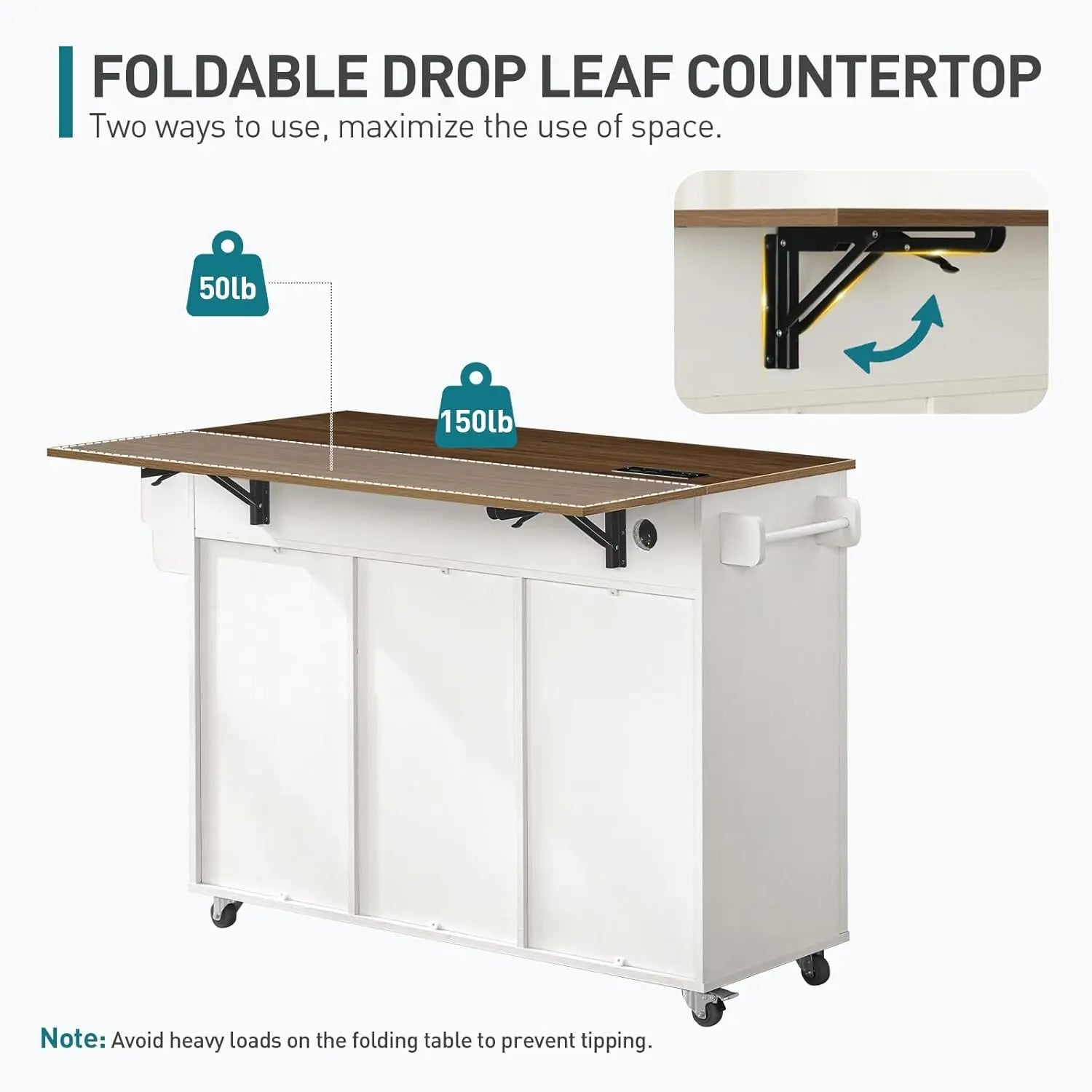 Kitchen Island with Storage, Kitchen Cart with Charging Station, Rolling Kitchen Island Table with Drop-Leaf, 3 Drawers, Barn Do