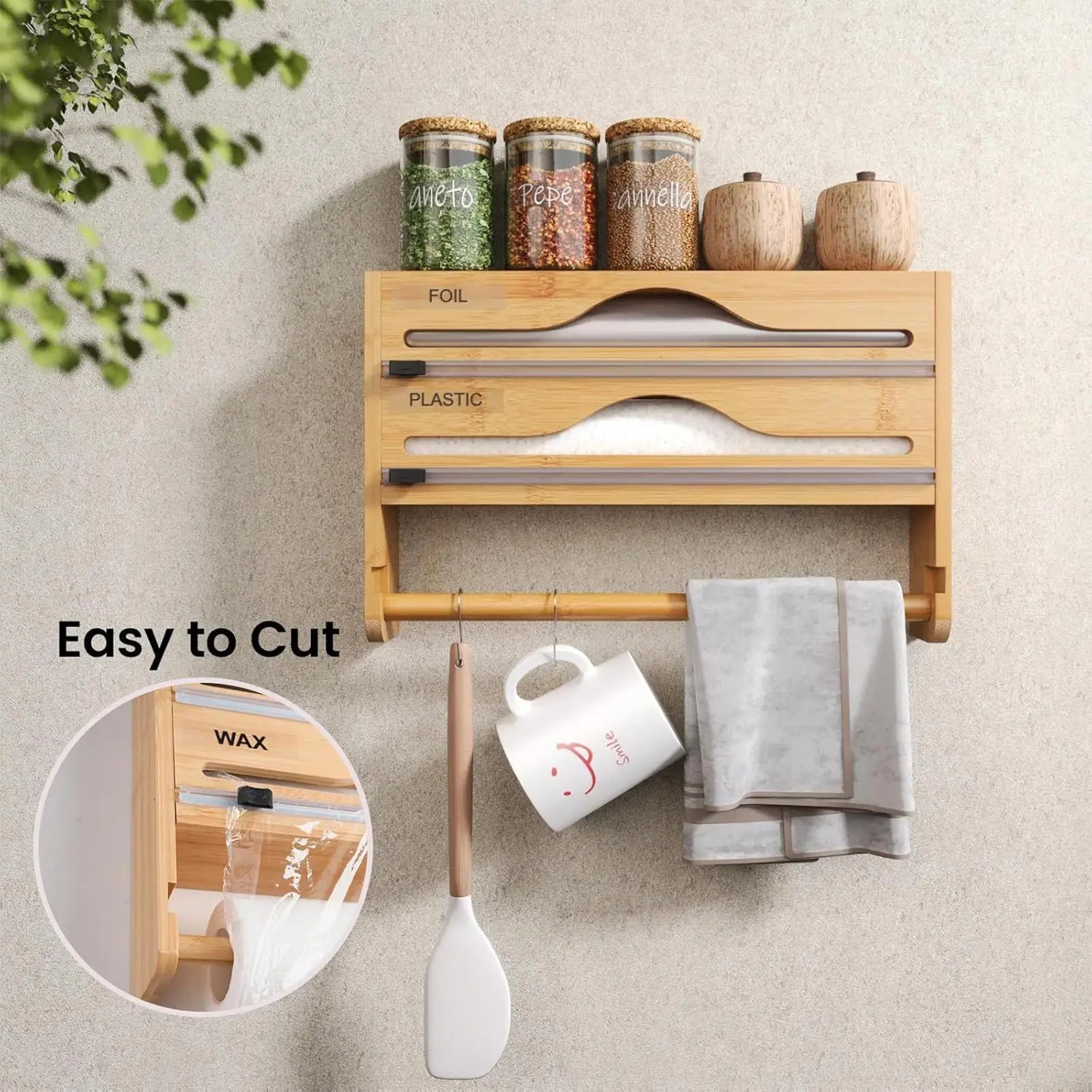 Foil Plastic Wrap Organizer Dispenser Wall Mounted Bamboo Kitchen Paper Towel Holder with Spice Shelf Kitchen Wrap Dispenser
