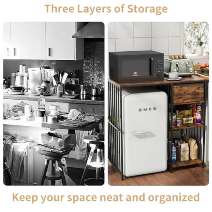 Mini Fridge Cabinet with Power Outlet 3Tier Industrial Style Kitchen Microwave Stand Baker Rack with Drawer Utility Storage She
