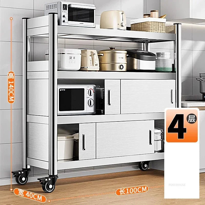 Stainless Steel Kitchen Cabinets with Door Floor Multi-layer Sliding Door Cabinet Storage Racks Multi-functional Home Furniture