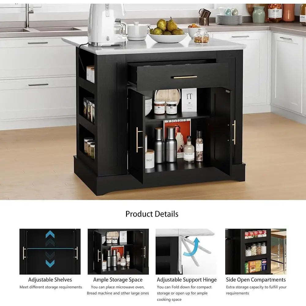 Large Kitchen Island with Storage and Power Outlet Drop Leaf Adjustable Shelves Multi-Functional Dining Prep Area Organizer
