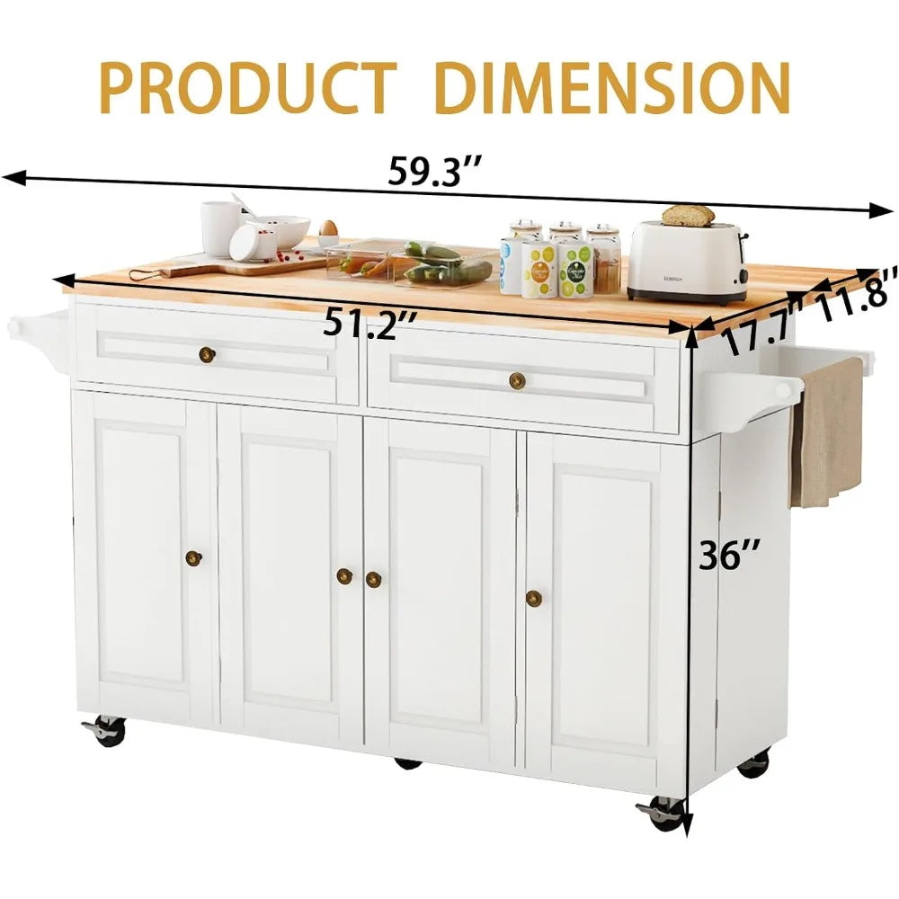 Kitchen Island Cart with Storage on Wheels, 59" Large Rolling Kitchen Island with Drop Leaf, Mobile Island for Kitchen with Towe