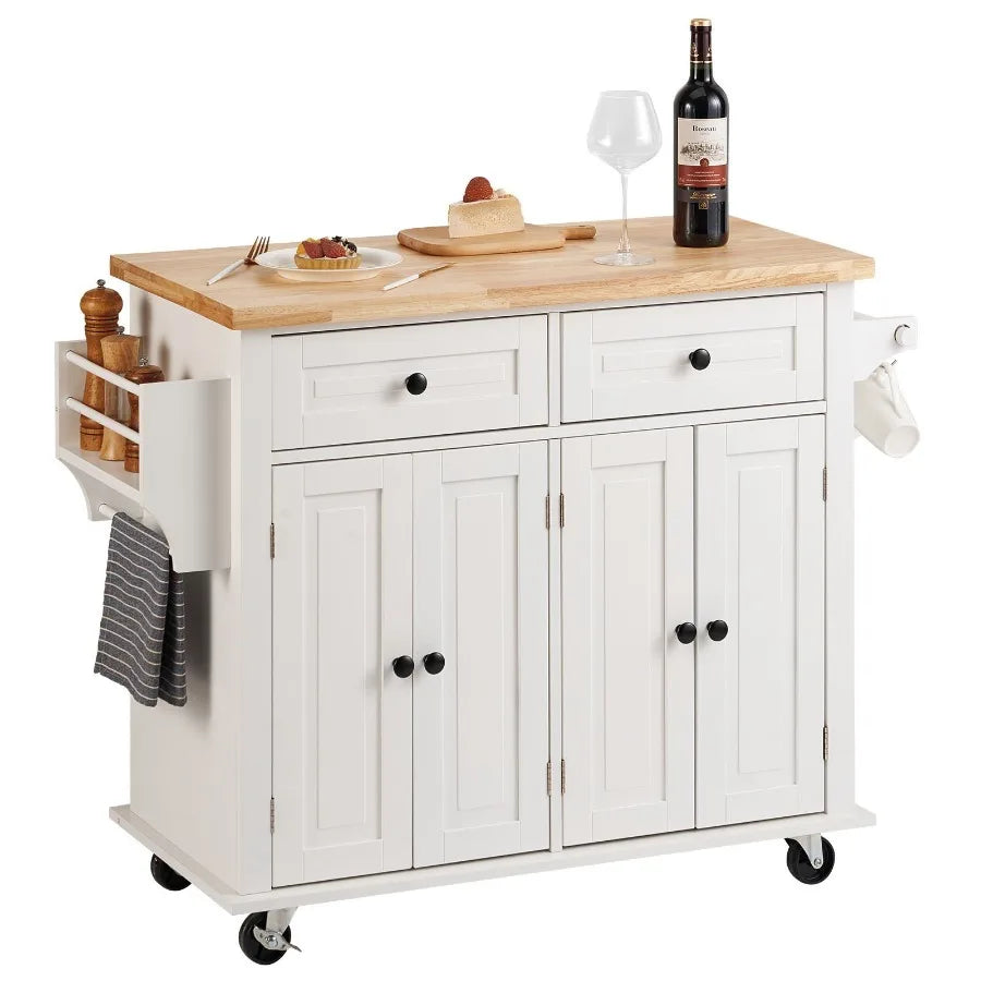 VEVOR Kitchen Island Cart with Solid Wood Top 35.4" Width Mobile Carts with Storage Cabinet Rolling Kitchen Table with Spi Rack