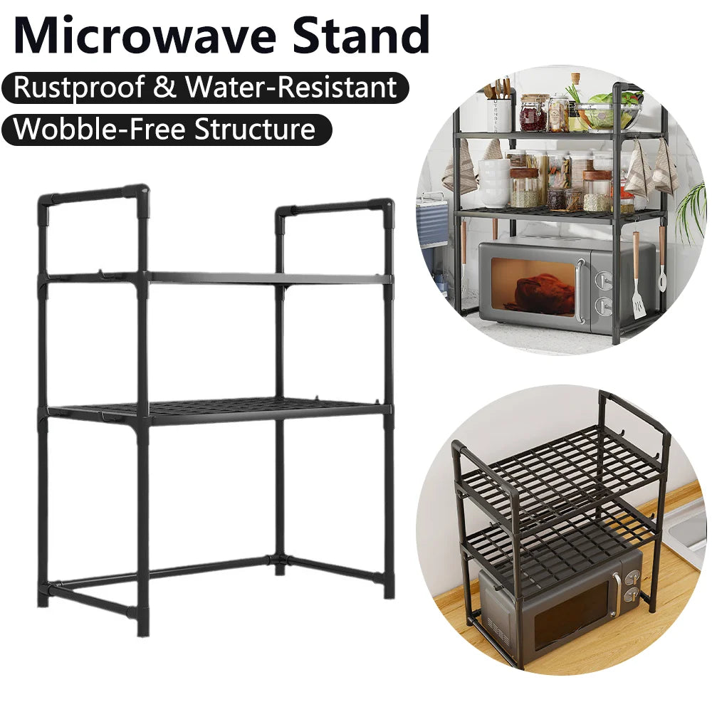 Extra Wide Microwave Stand - 2-Tier Heavy-Duty Kitchen Shelf for Oven Toaster & Spice Racks with Handrail Hooks Non-Slip