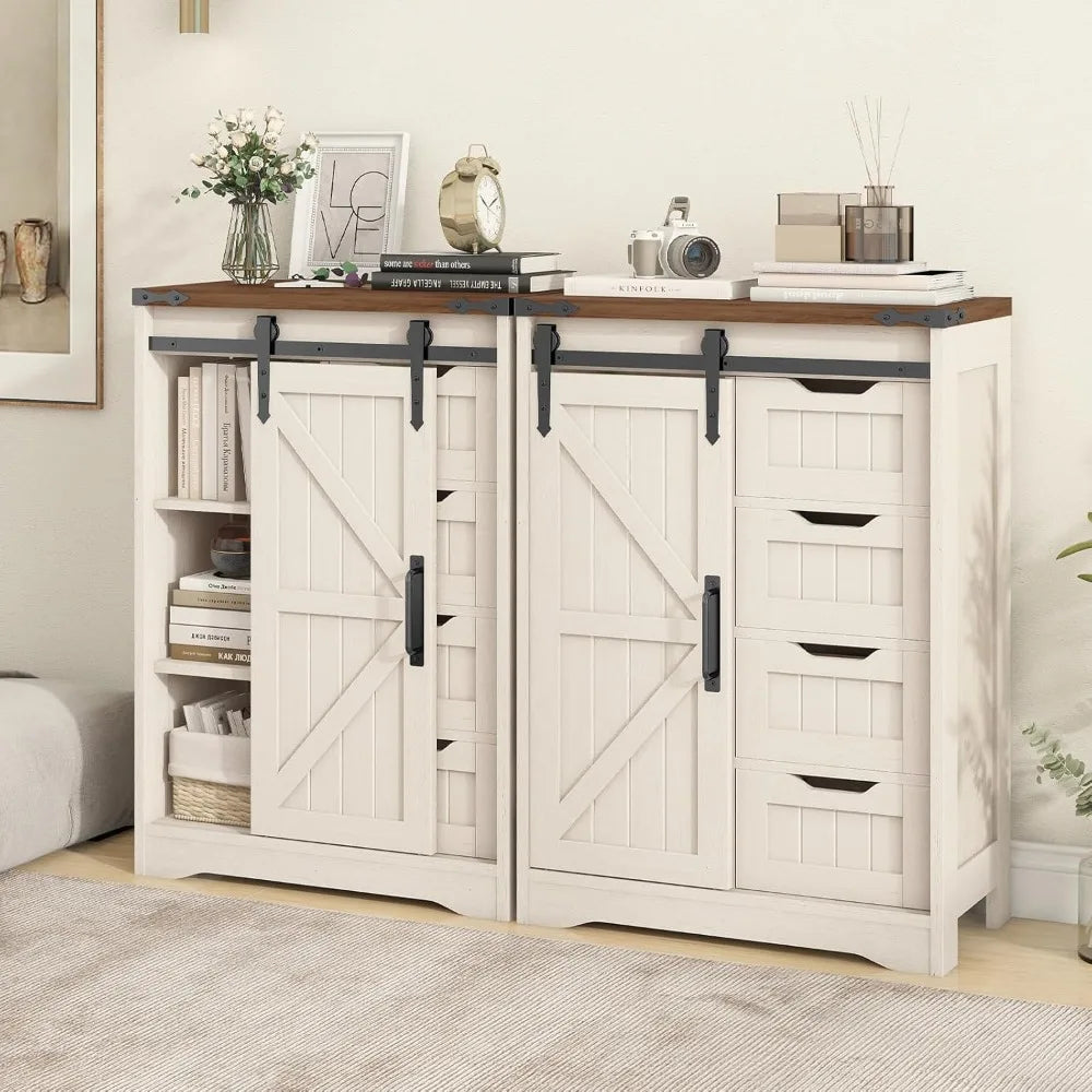 Farmhouse Bathroom Storage Cabinet, Bathroom Cabinet with 4 Drawers and Sliding Door, Farmhouse Floor Storage Organizer