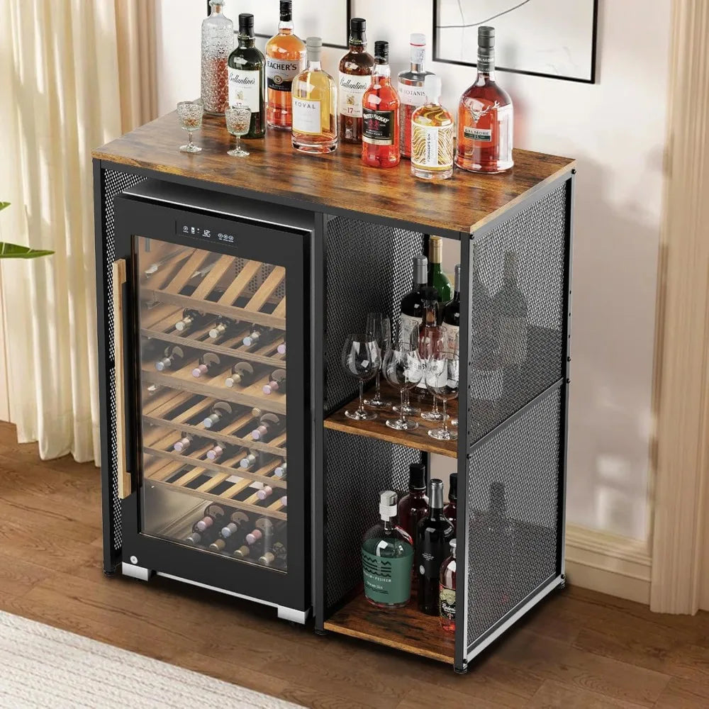 3-Tier Mini Fridge Cabinet with Storage, Industrial Style Kitchen Microwave Stand Baker Rack, Utility Storage Shelf with Mini Fr