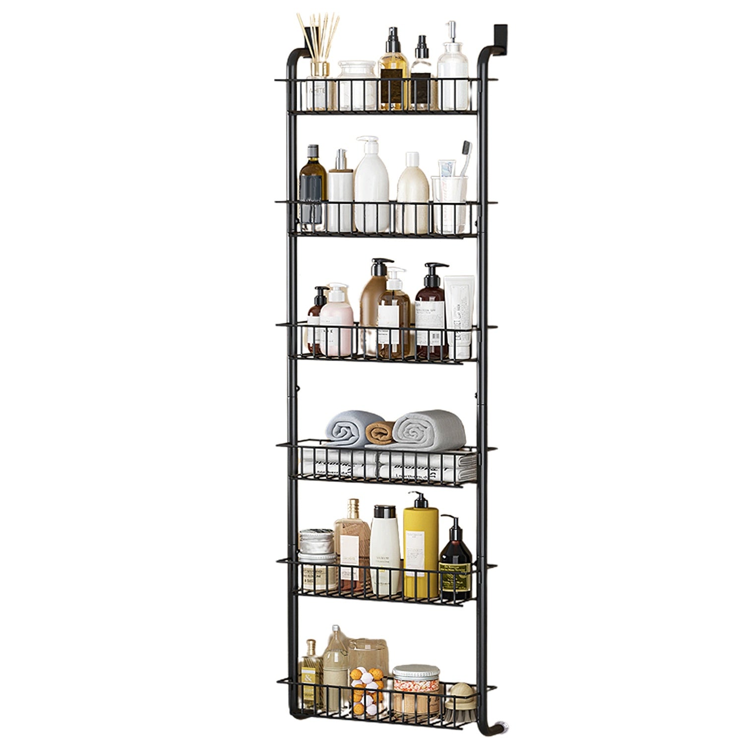 1Pc 6 Tier Over Door Pantry Organizer Hanging Hooks Door Storage Rack Carbon Steel Basket 62.99in Over Door Shelf For Kitchen Bathroom.