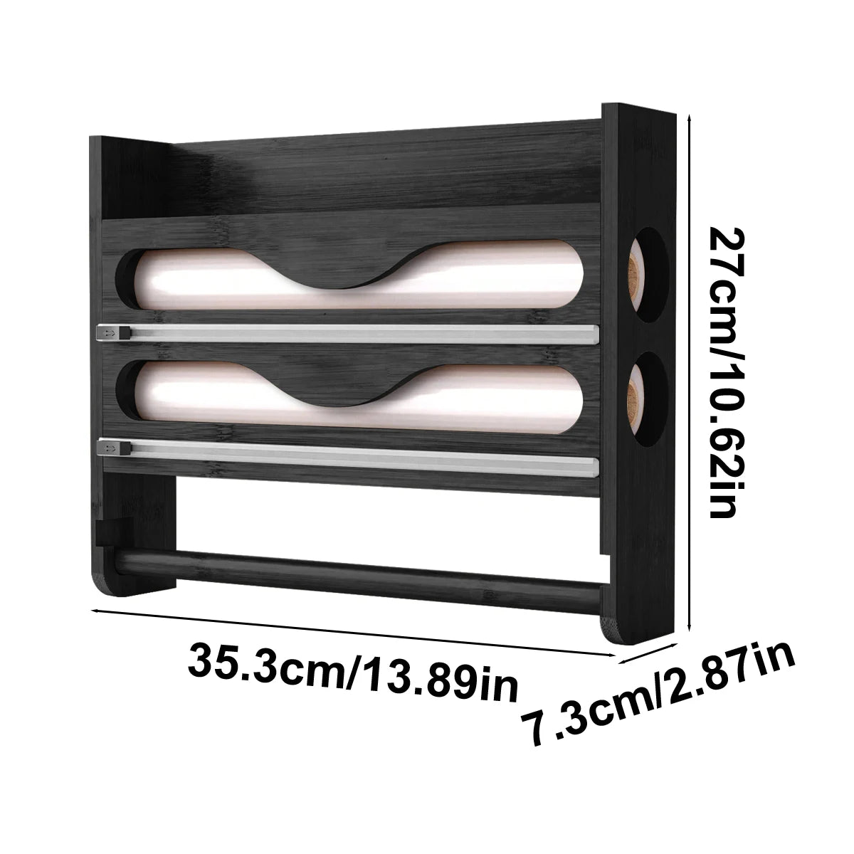 Bamboo Foil And Clingfilm Organizer With Cutter Wall Mounted Paper Towel Holder,For Home Kitchen Organization And Storage