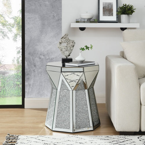 Drum Style Coffee Table With Mirror Crystal Inlay, Polygonal Silver Decorative Table, Modern Design Luxury Modern Furniture, 20 Inch  About 50 Centimeters  Low Coffee Table, Suitable For Living Room