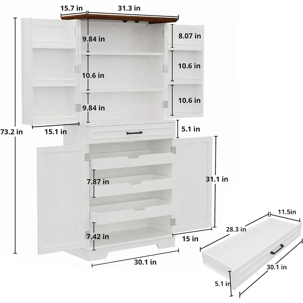 Farmhouse Kitchen Pantry Cabinet, 72" Height Tall Freestanding Cupboard with Sliding Storage Rack and 6 Hanging Shelves for Kit