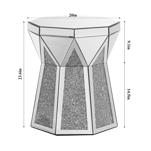 Drum Style Coffee Table With Mirror Crystal Inlay, Polygonal Silver Decorative Table, Modern Design Luxury Modern Furniture, 20 Inch  About 50 Centimeters  Low Coffee Table, Suitable For Living Room