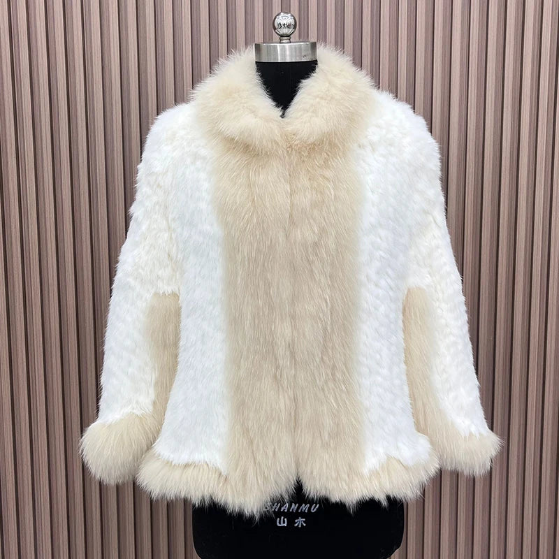 2025 New Natural Rabbit Fur Bat Shirt Coats Knitted Women Real Fox Fur Collar Jackets Luxury Woman Clothing Outwear