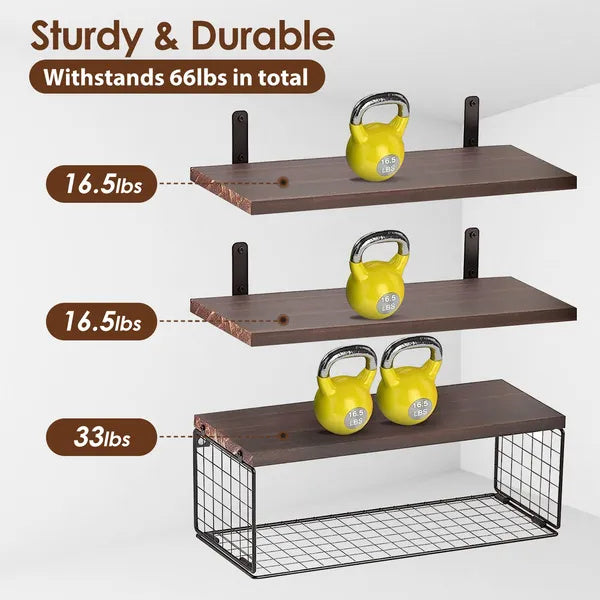 2 In 1 Floating Shelves Wall Mounted With Storage Basket Bathroom Shelves Over Toilet Wooden Shelves For Bedroom Living Room Kitchen Office Wall Decor Plants.