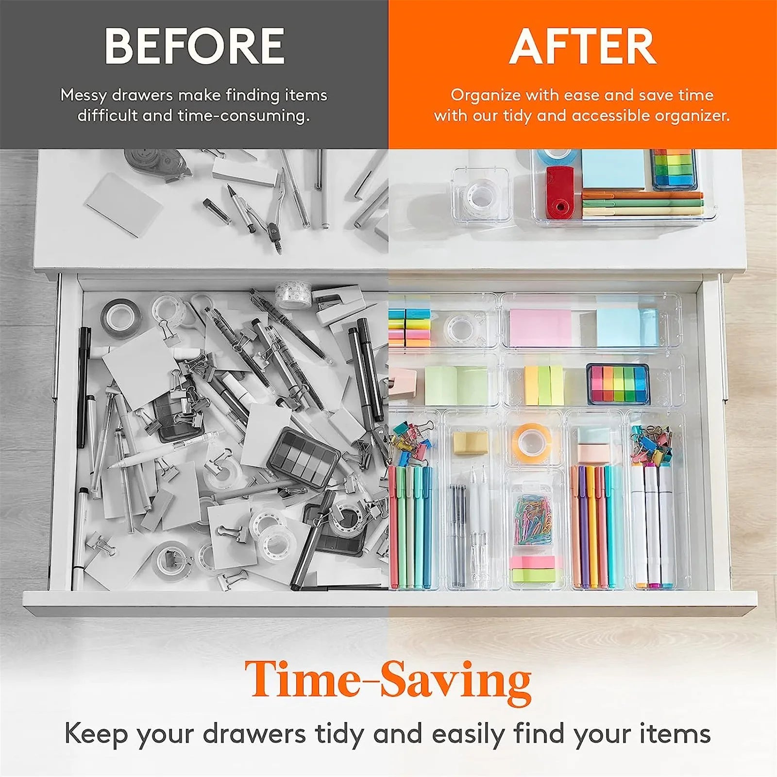 10-Piece Versatile Drawer Organizer Set - Clear Plastic Trays and Dividers in 4 Sizes for Perfect Makeup and Kitchen Storage.