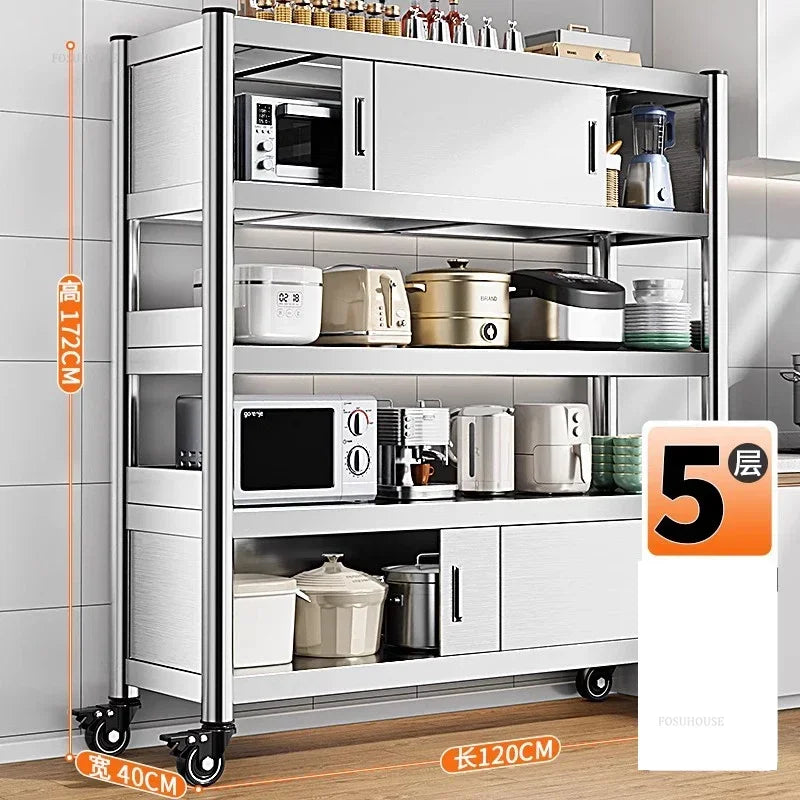 Stainless Steel Kitchen Cabinets with Door Floor Multi-layer Sliding Door Cabinet Storage Racks Multi-functional Home Furniture
